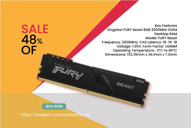 Kingston FURY Beast 8GB 3200MHz DDR4 Desktop RAM Key Features MPN: Kingston FURY Beast 8GB 3200MHz DDR4 Desktop RAM Model: FURY Beast Frequency: 3200MHz; CAS Latency: 16-18-18 Voltage: 1.35V; Form Factor: UDIMM Operating Temperature : 0°C to 85°C Dimensions: 133.35mm x 34.1mm x 7.2mm